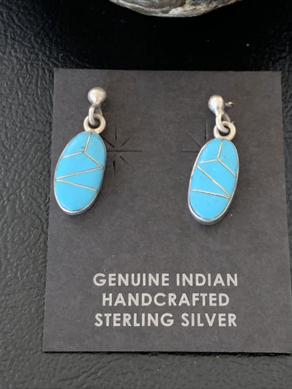 Navajo Blue Turquoise Sterling Silver Dangle Post Inlay Earrings 0.7" 12719