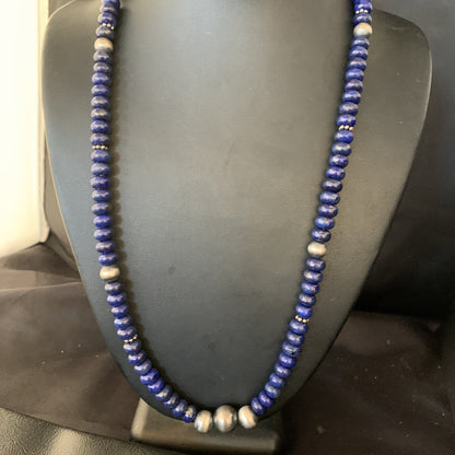 Mens Blue Lapis Lazuli Navajo Pearls Sterling Silver Necklace 24” 13956