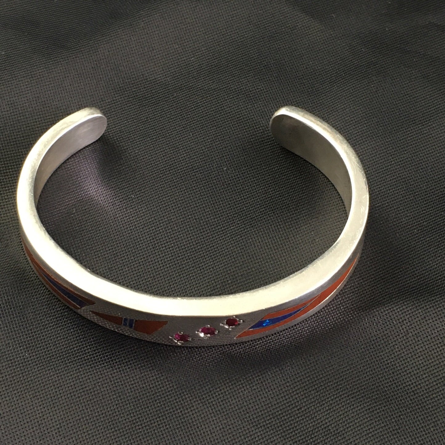 Coral, Lapis Ruby Navajo Sterling Silver Inlay Bracelet 1982
