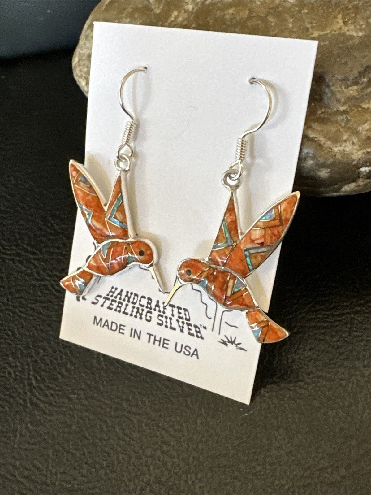 Orange Spiny Oyster Opal Sterling Silver Hummingbird Dangle Earrings 18552