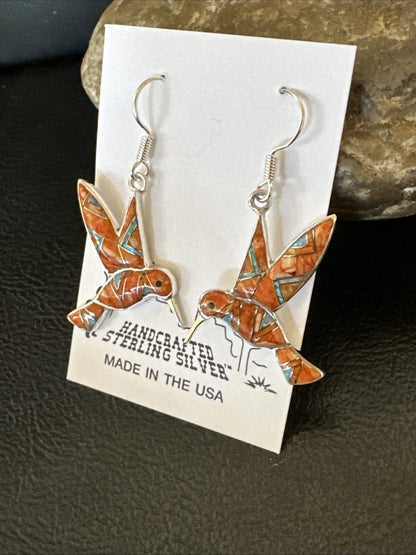 Orange Spiny Oyster Opal Sterling Silver Hummingbird Dangle Earrings 18552