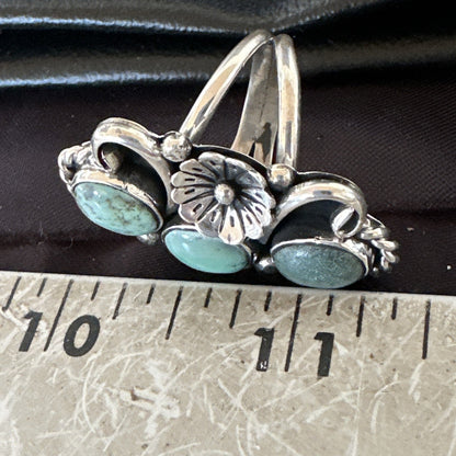 Yazzie Ring Green Turquoise Navajo Sterling Silver Cluster Size 8.5 19233