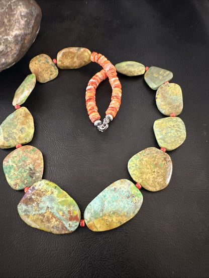 Rare Green Turquoise Orange Spiny Navajo Sterling Silver Necklace 19317