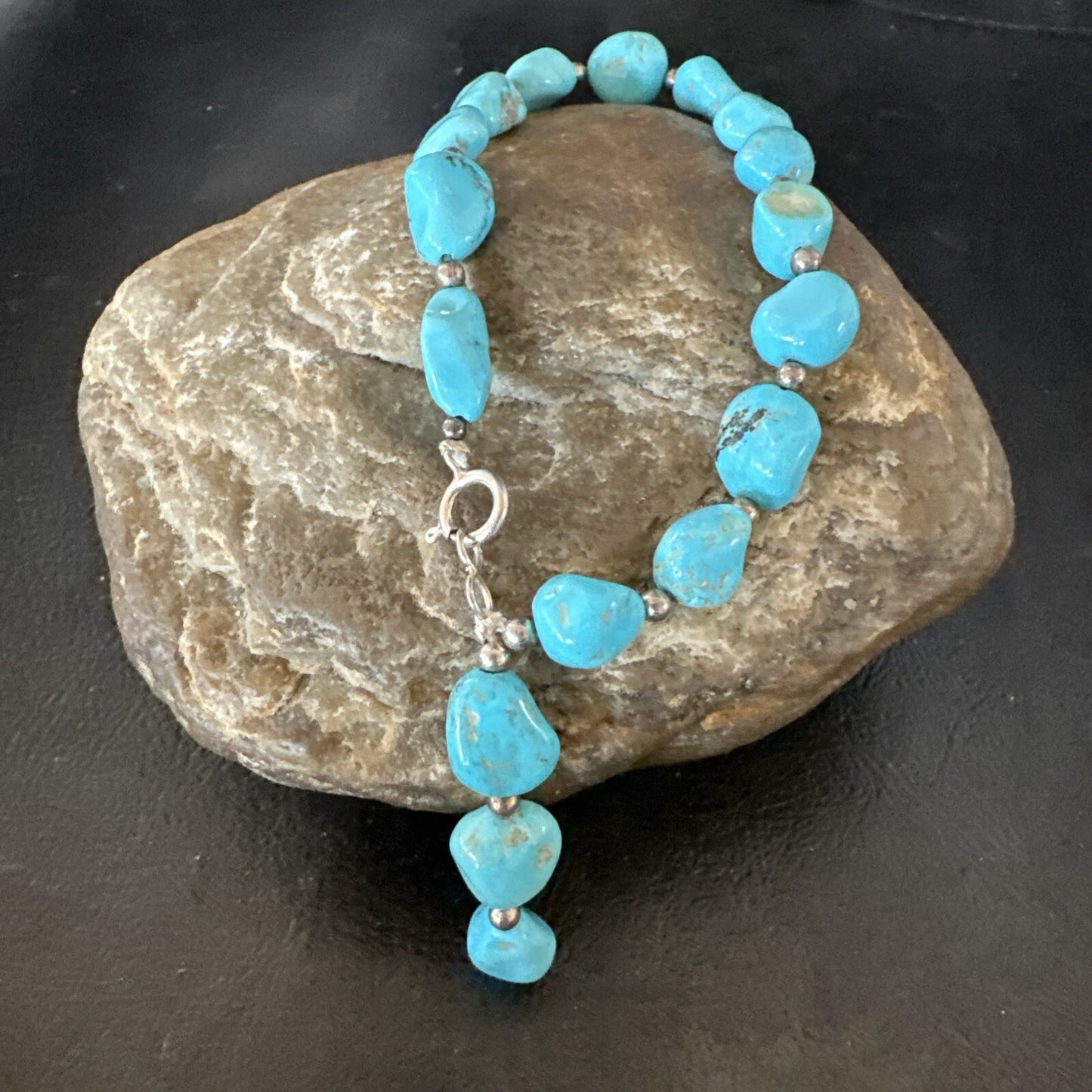 Blue Sleeping Beauty Nugget Turquoise Sterling Silver Navajo Bracelet 7.5” 18608