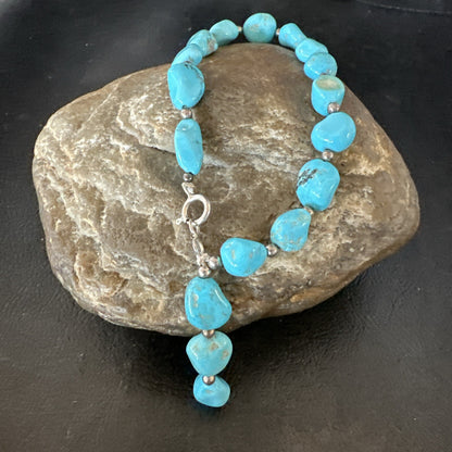Blue Sleeping Beauty Nugget Turquoise Sterling Silver Navajo Bracelet 7.5” 18608
