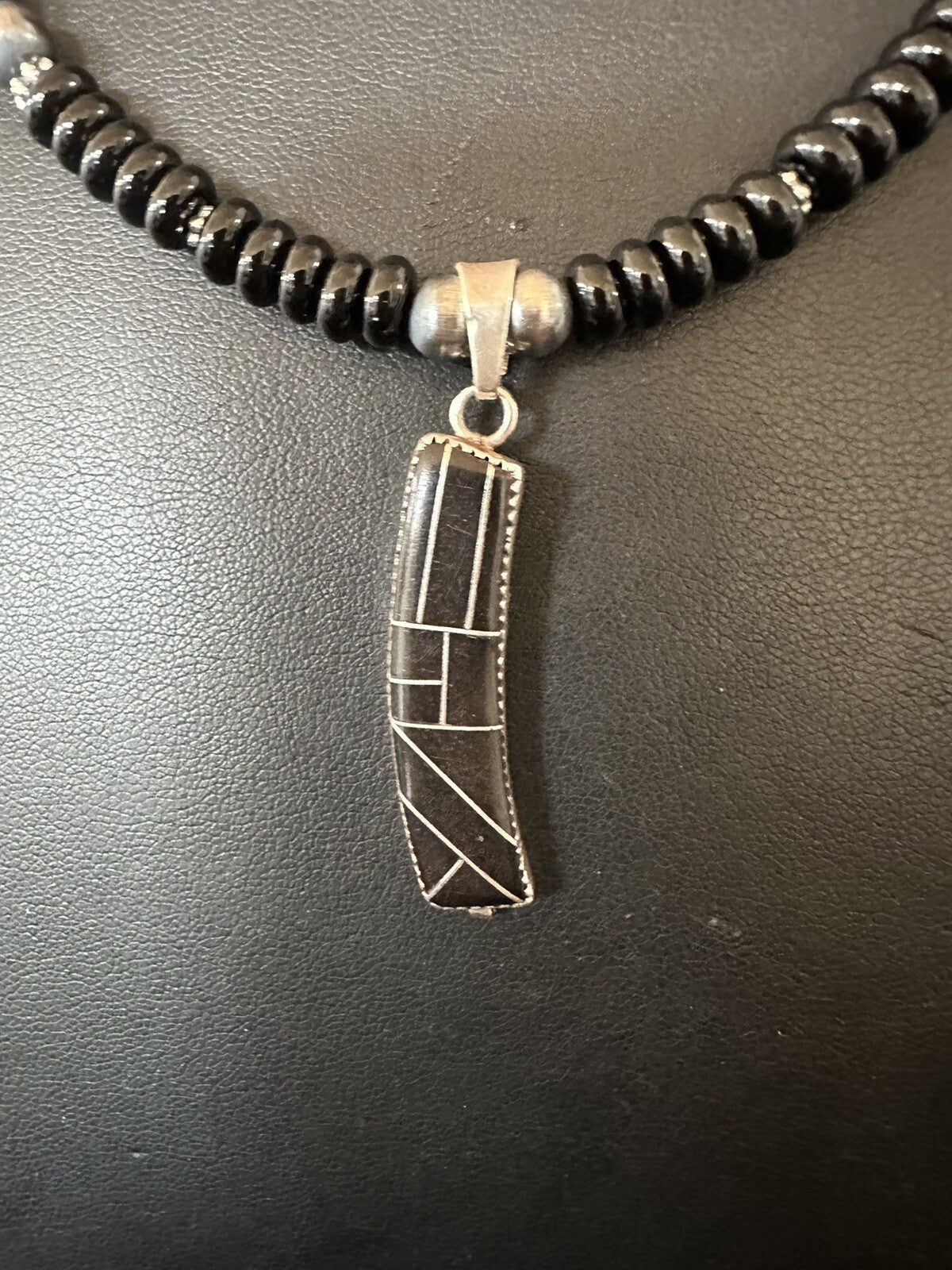 Mens Womens Black Onyx Pendant Navajo Sterling Silver Beads Necklace 18332