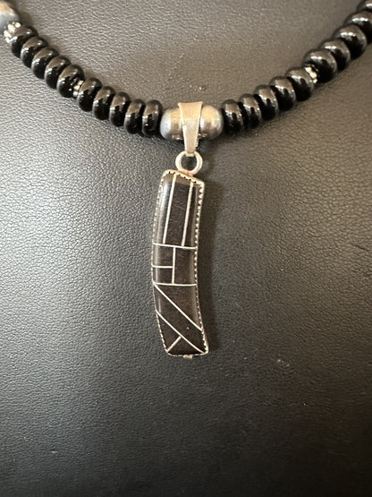 Mens Womens Black Onyx Pendant Navajo Sterling Silver Beads Necklace 18332