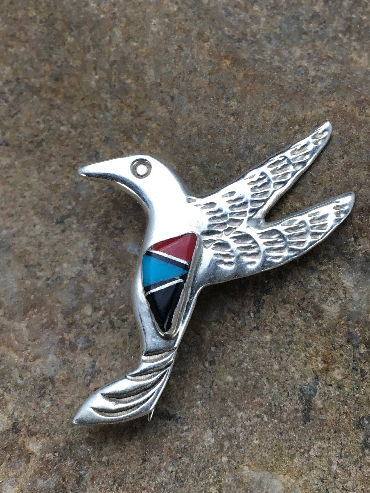 Turquoise & Coral Hummingbird Navajo Sterling Silver Pin 02899