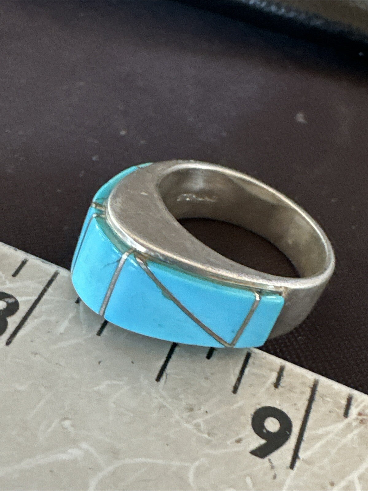 Blue Turquoise Native Navajo Sterling Silver Inlay Band Ring Size 7 18814