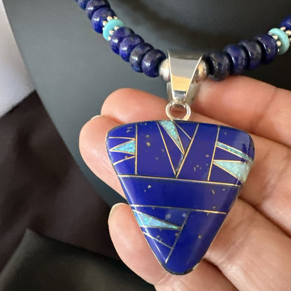 Lapis Opal Inlay Pendant Navajo Pearls Turquoise Sterling Silver Necklace 19182