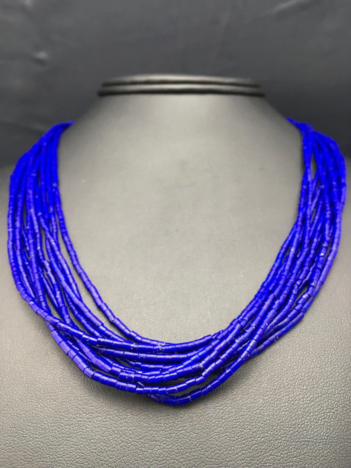 Stabilized Lapis Lazuli 10 Strand Sterling Silver Tube Heishi Necklace 24" 13422