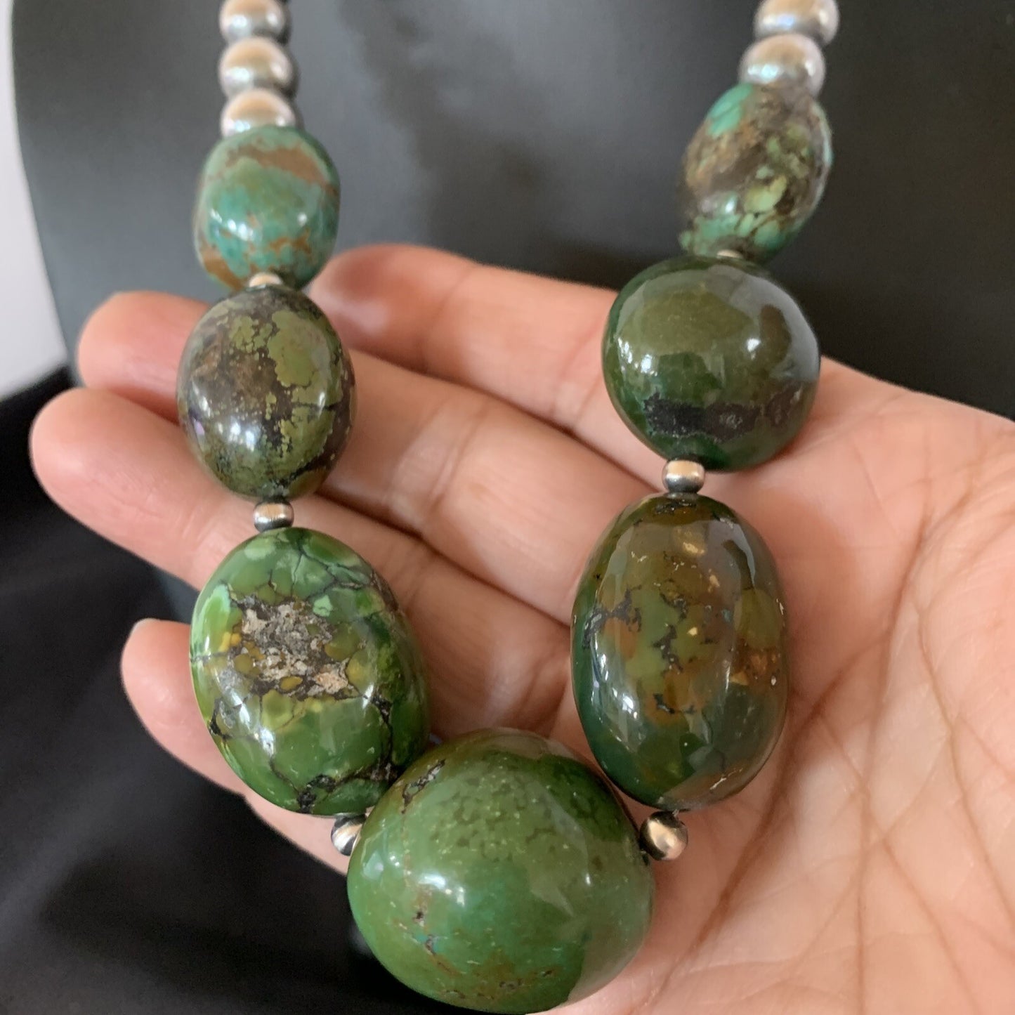 Chunky Navajo Spider Web Green Turquoise Sterling Silver Necklace 20" 11762
