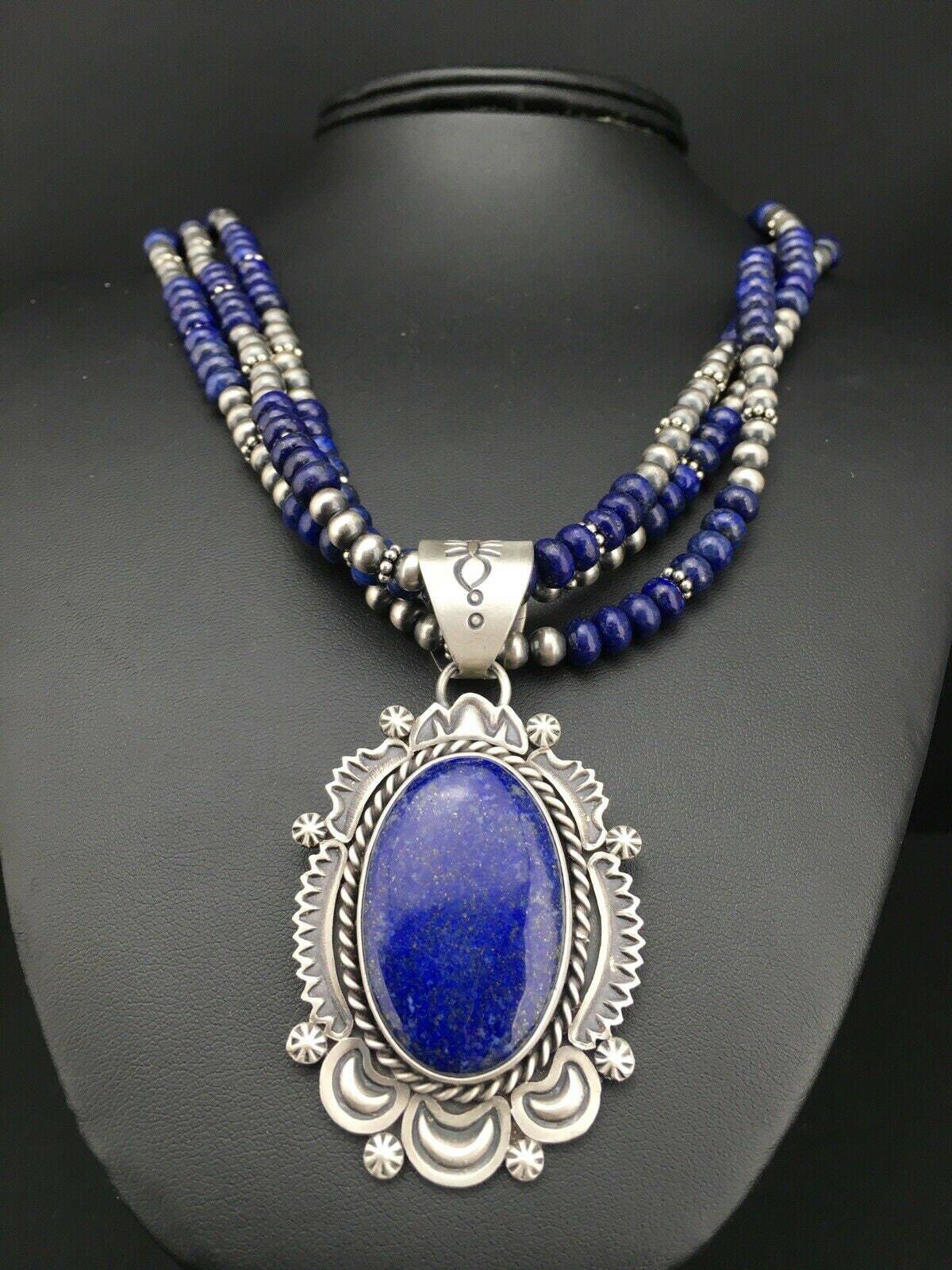 Native America Navajo Sterling Silver Lapis Lazuli Necklace Pendant 01273