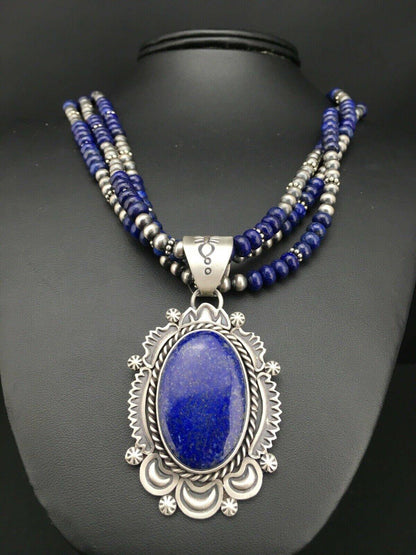 Native America Navajo Sterling Silver Lapis Lazuli Necklace Pendant 01273