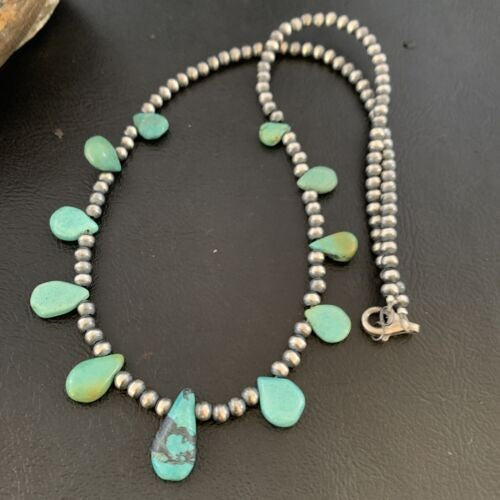 Navajo Pearls Necklace Sterling Silver Blue Turquoise Teardrop 13158