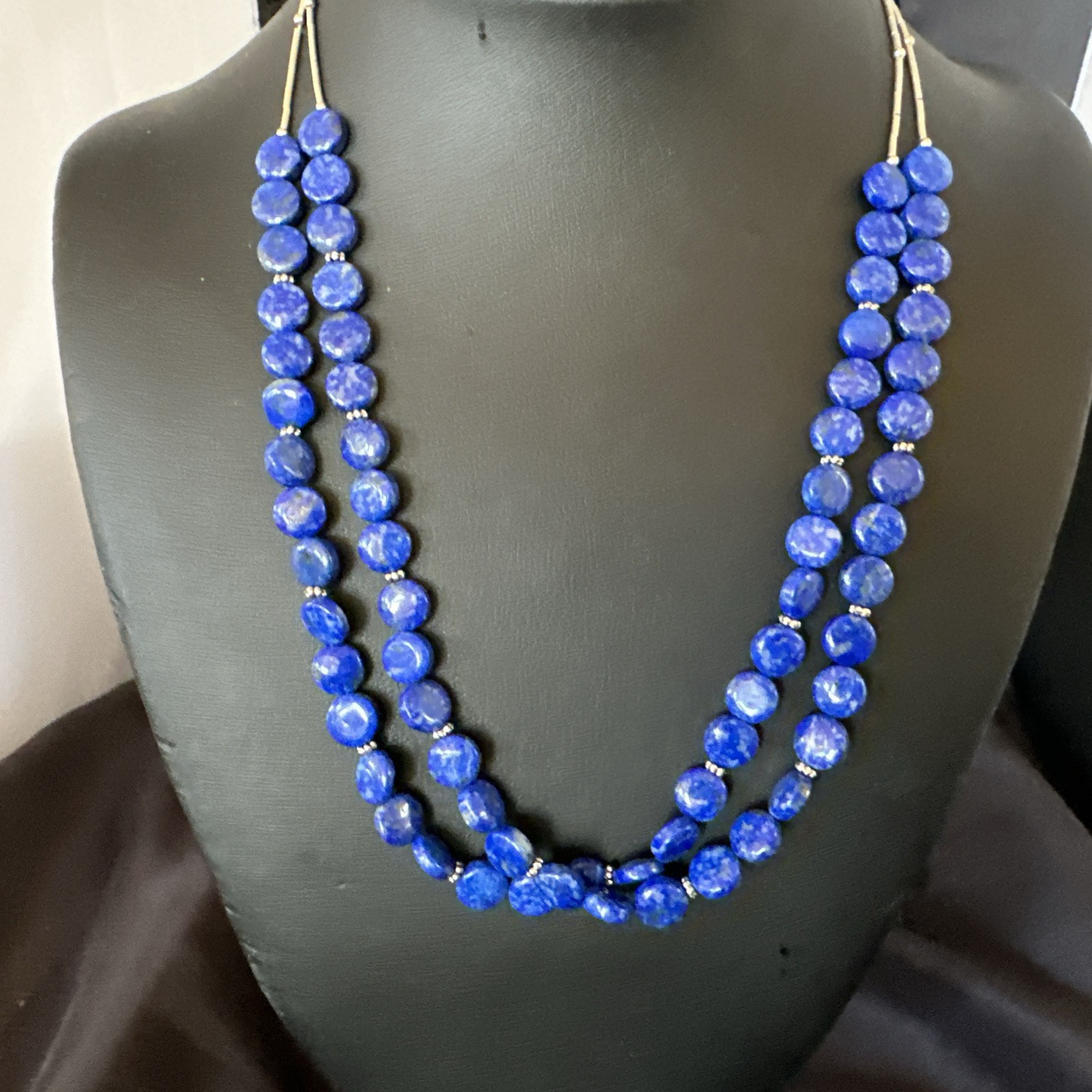 Blue Lapis Heishi 8mm Bead Liquid Sterling Silver 2 Strand Necklace 19" 18960