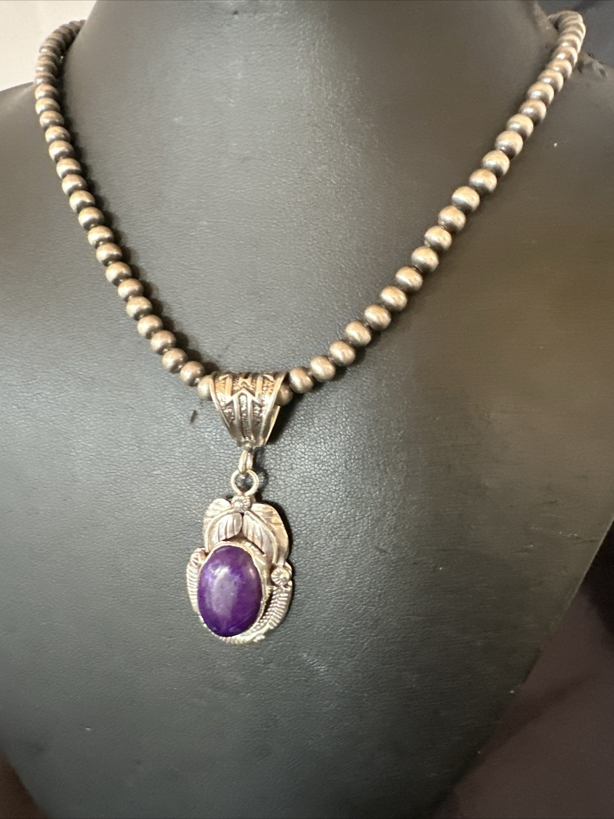 Purple Stone Pendant Navajo Pearls Sterling Silver Necklace 20” 18049