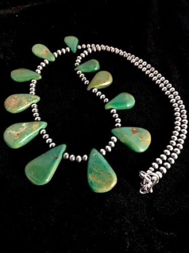 Navajo Green Turquoise Teardrop Necklace Sterling Silver Handmade 8744