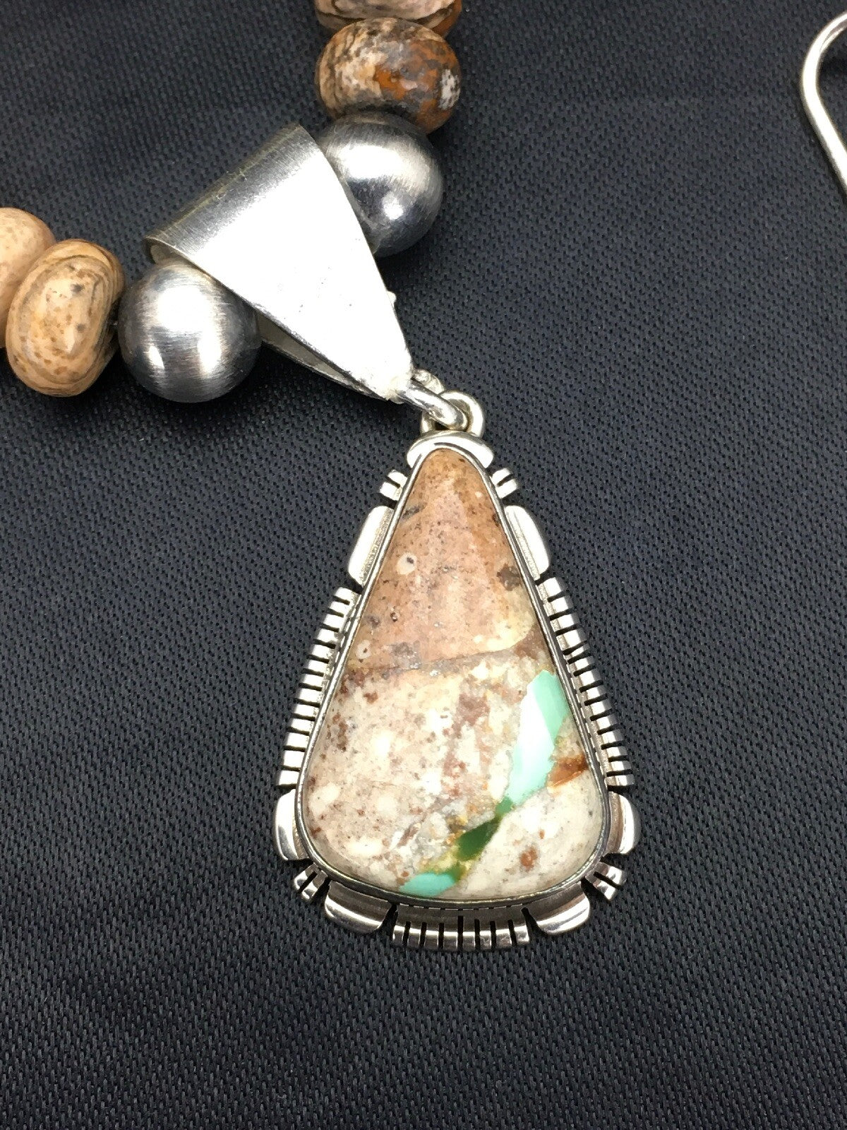 Green Turquoise & Picture Jasper Navajo Sterling Silver Necklace 02611