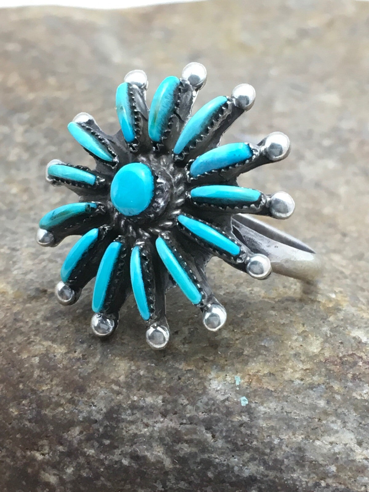 Blue Turquoise Needle Point Cluster Zuni Sterling Silver Ring Sz 7.25 4035