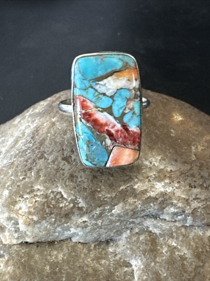 Blue Turquoise Spiny Oyster Southwestern Sterling Silver Ring Size 8 18434
