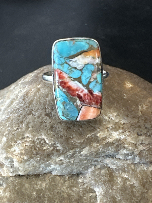 Blue Turquoise Spiny Oyster Southwestern Ring Size 8 | Sterling Silver | Authentic Native American Handmade | 18434