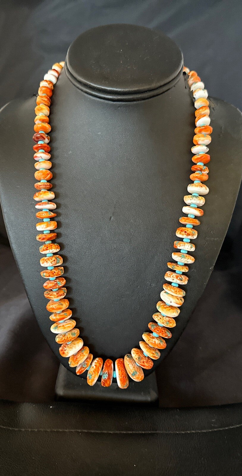 Orange Spiny Oyster Blue Turquoise Navajo Sterling Silver Necklace 23" 18087