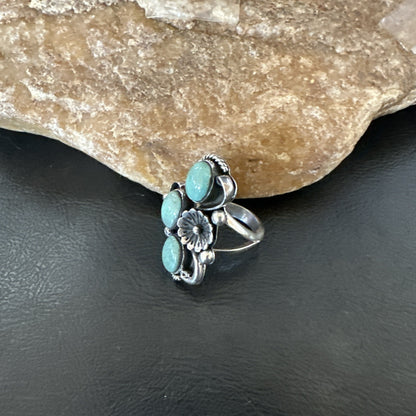 Yazzie Ring Green Turquoise Navajo Sterling Silver Cluster Size 8 19223