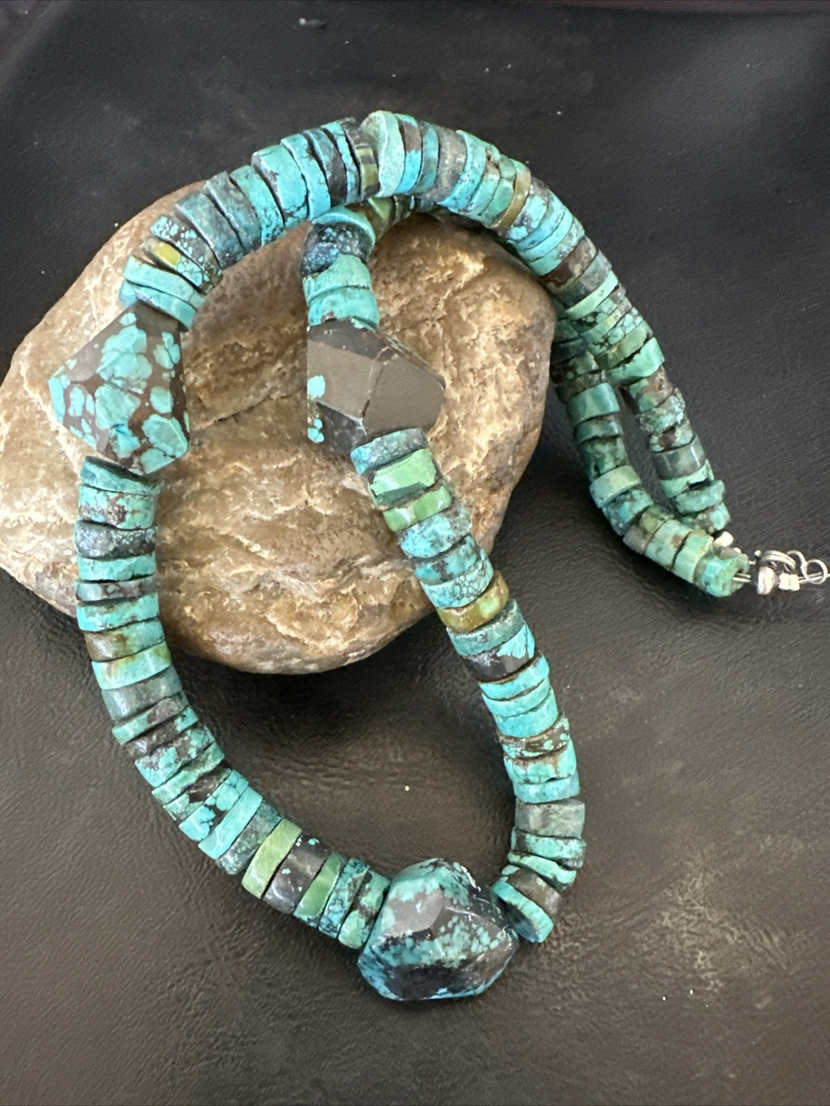 Native Turquoise Nugget Heishi Bead Navajo Sterling Silver Necklace 17745