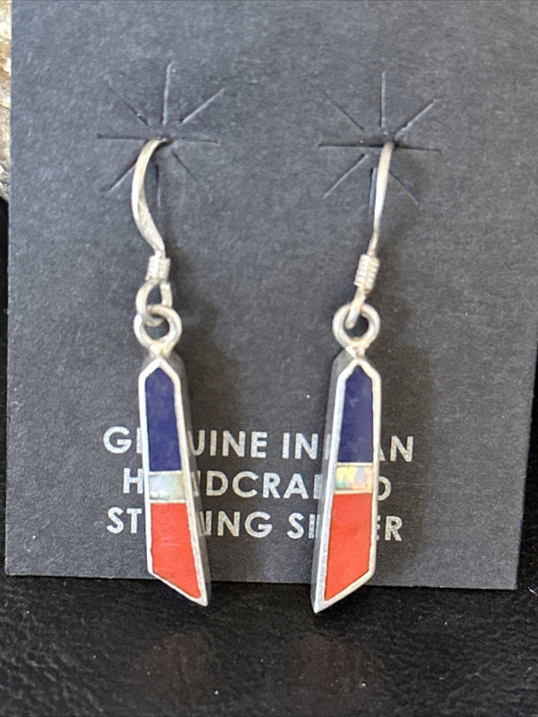 Lapis Opal Coral Navajo Inlay Earrings 1" | Sterling Silver | Authentic Native American Handmade | 14766