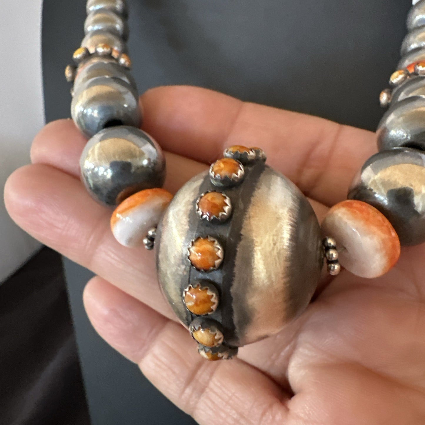 XL Orange Spiny Oyster Navajo Pearls Graduated Sterling Bead Necklace 25" 19610