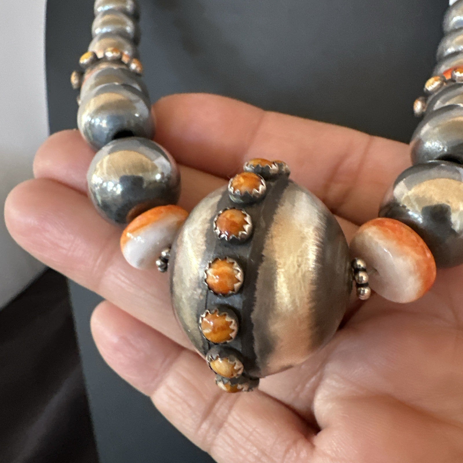 XL Orange Spiny Oyster Navajo Pearls Graduated Sterling Bead Necklace 25" 19610