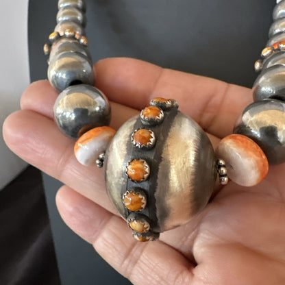 XL Orange Spiny Oyster Navajo Pearls Graduated Sterling Bead Necklace 25" 19610