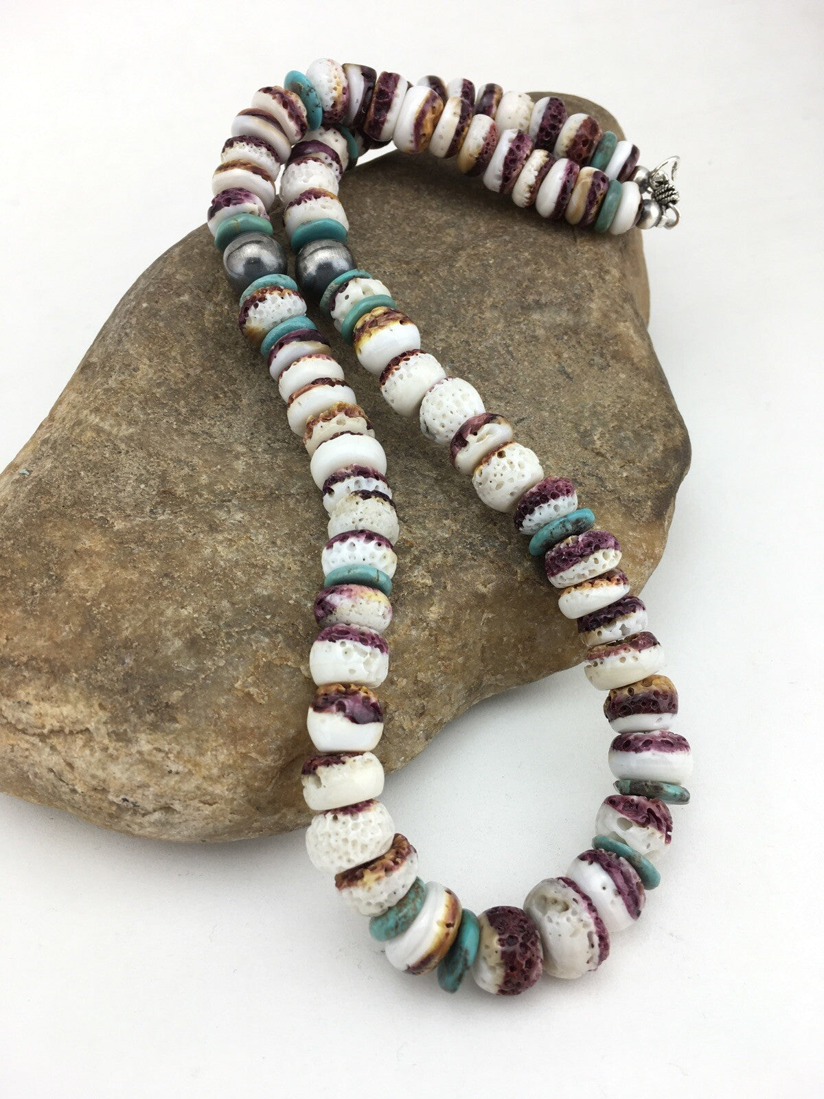 Purple Spiny Oyster & Turquoise Navajo Indian Sterling Necklace 20" 02519