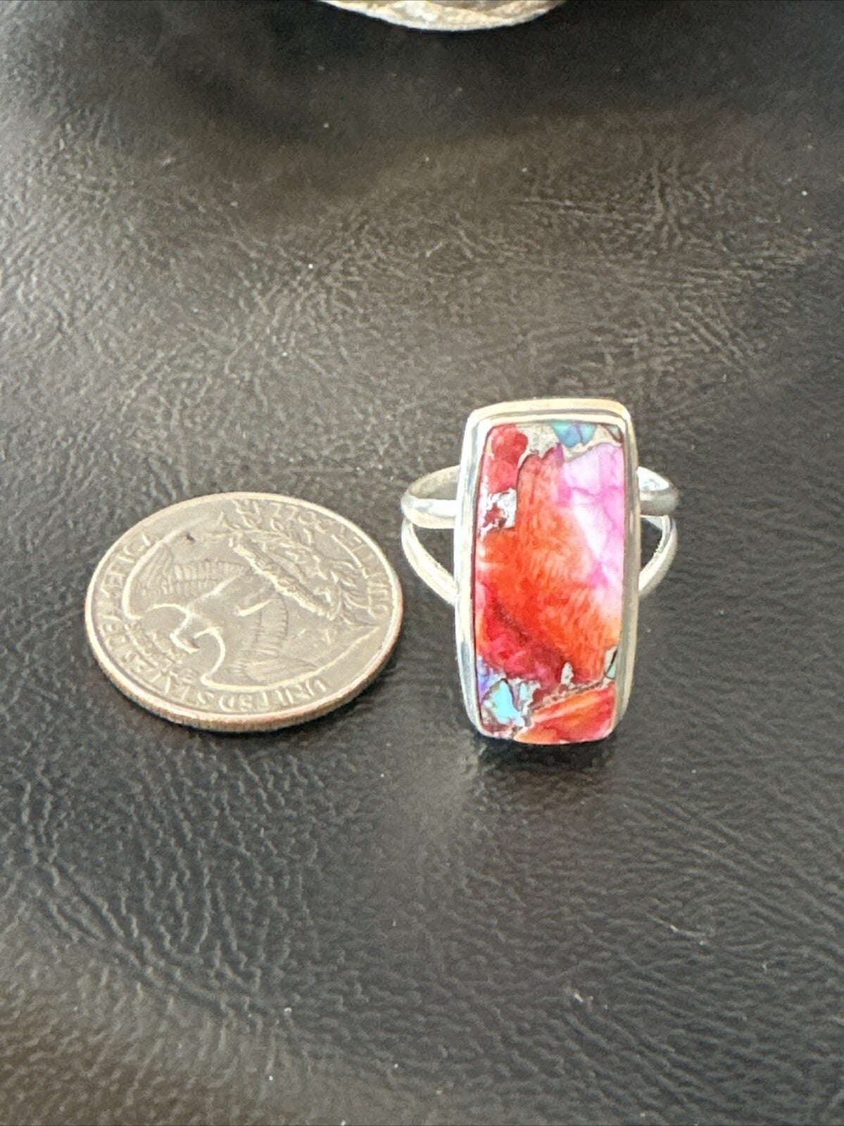 Blue Turquoise Spiny Oyster Southwestern Sterling Silver Ring Size 9 18465
