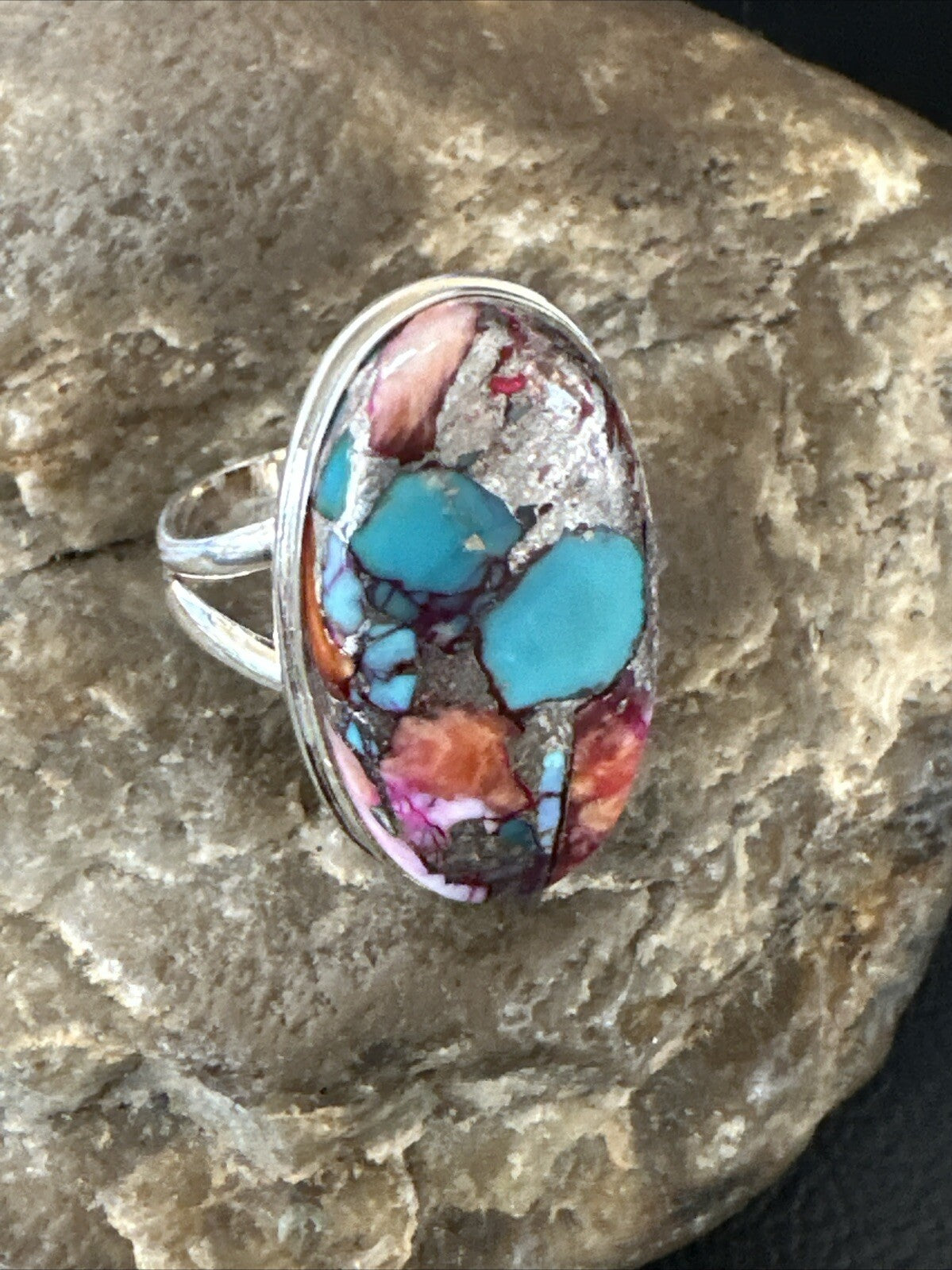Blue Turquoise Purple Spiny Oyster Navajo Sterling Silver Ring Size 10 18206