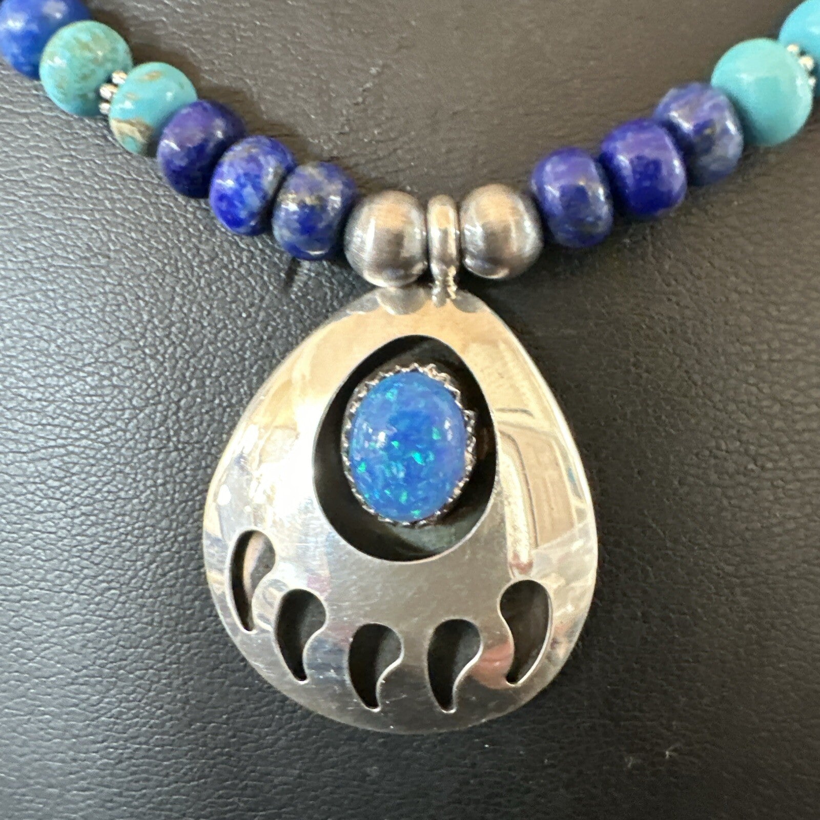 Mens Blue Turquoise Lapis BearPaw Pendant Navajo Sterling Silver Necklace 17882