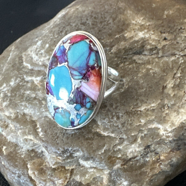 Blue Turquoise Spiny Oyster Navajo Ring Size 7 | Sterling Silver | Authentic Native American Handmade | 18253