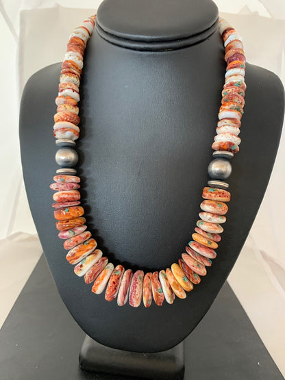 Native Red Spiny Oyster Navajo Pearls Sterling Silver Necklace 20" 03243