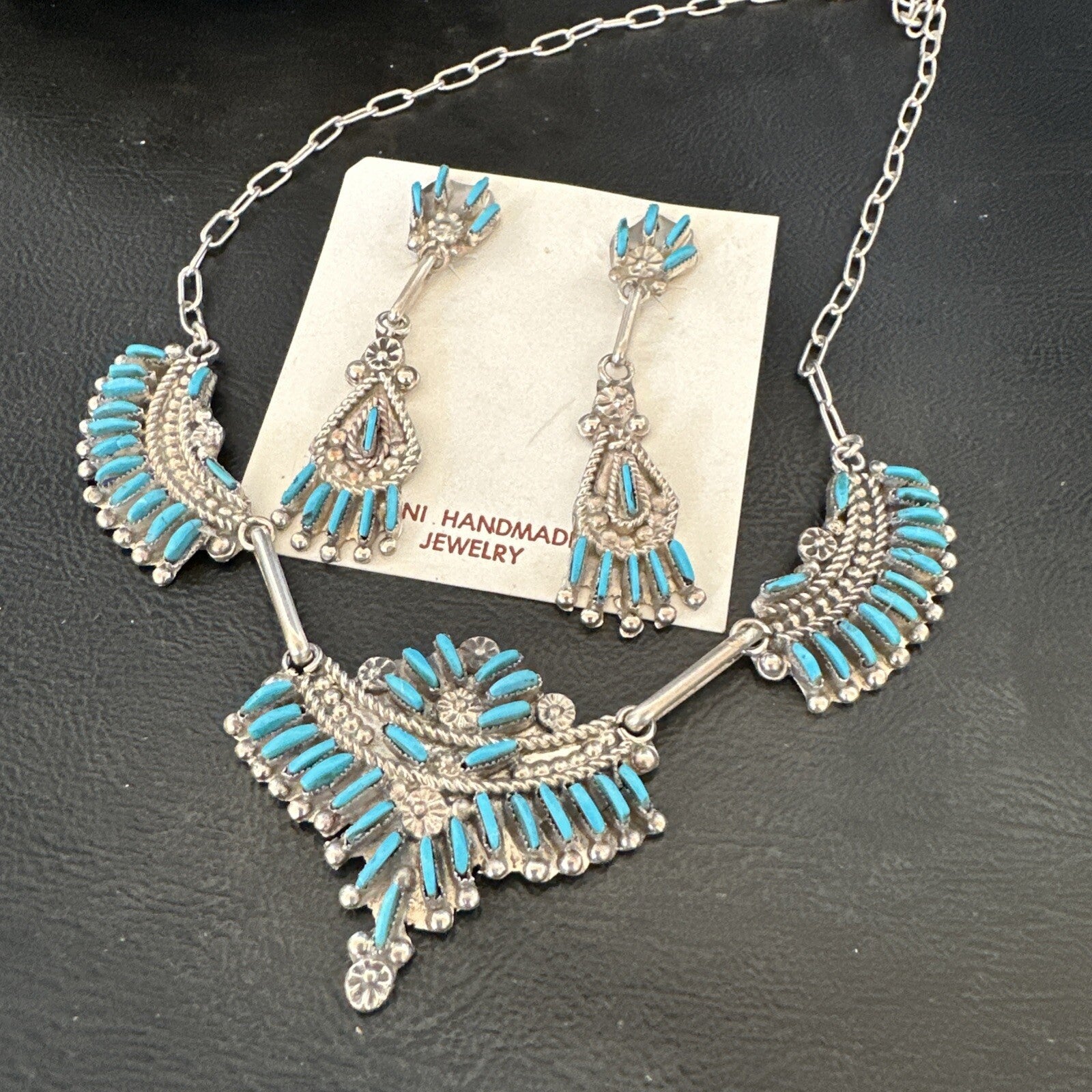 ZUNI Blue Turquoise Sterling Silver Beads Needlepoint Necklace Earrings 18595
