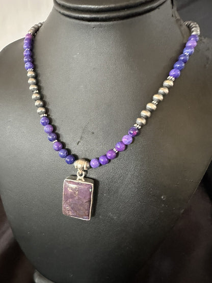 Purple Stone Turquoise Pendant Navajo Pearls Sterling Silver Necklace 18384