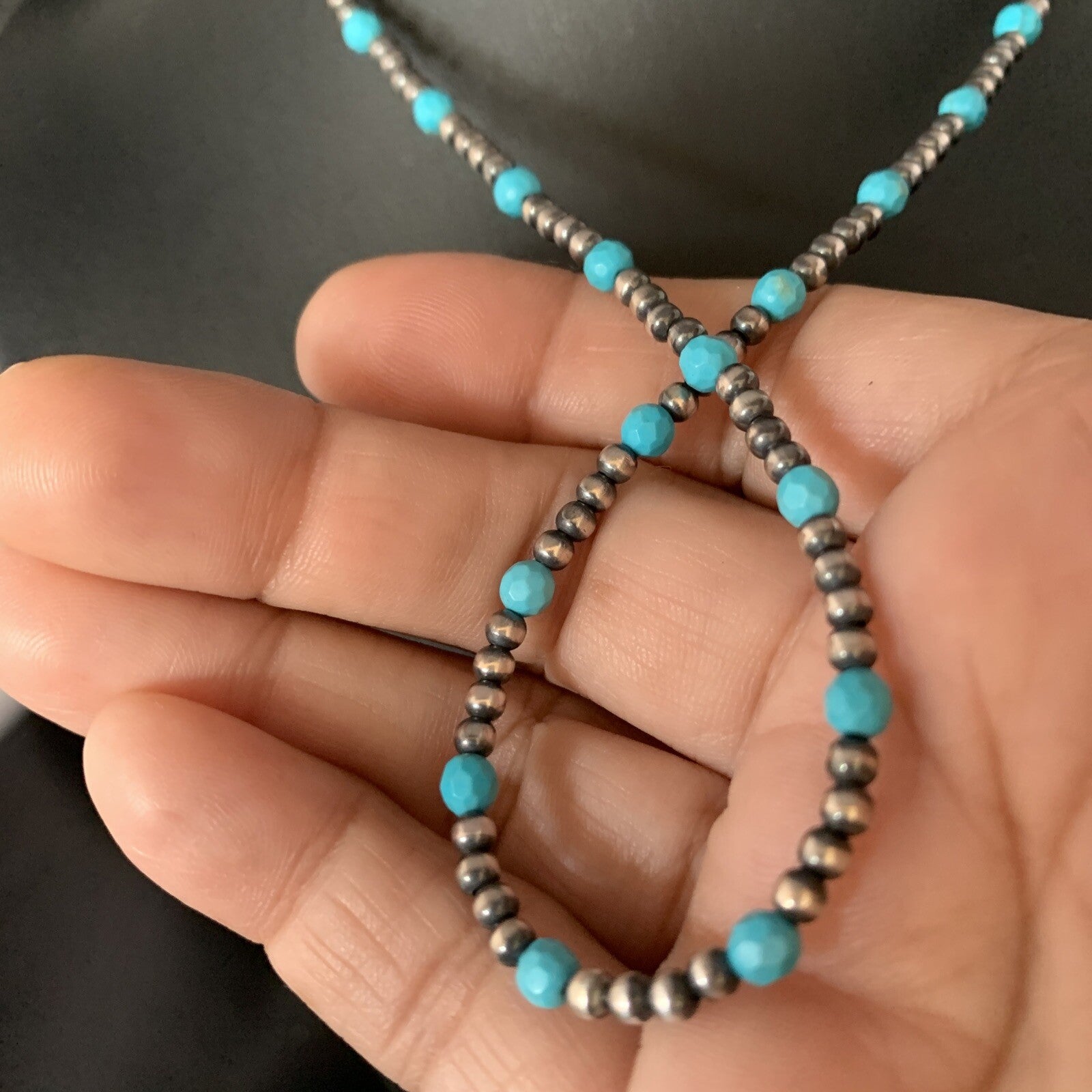 Minimalist Navajo Pearls 3mm Sterling Blue Turquoise Necklace 16" 13591