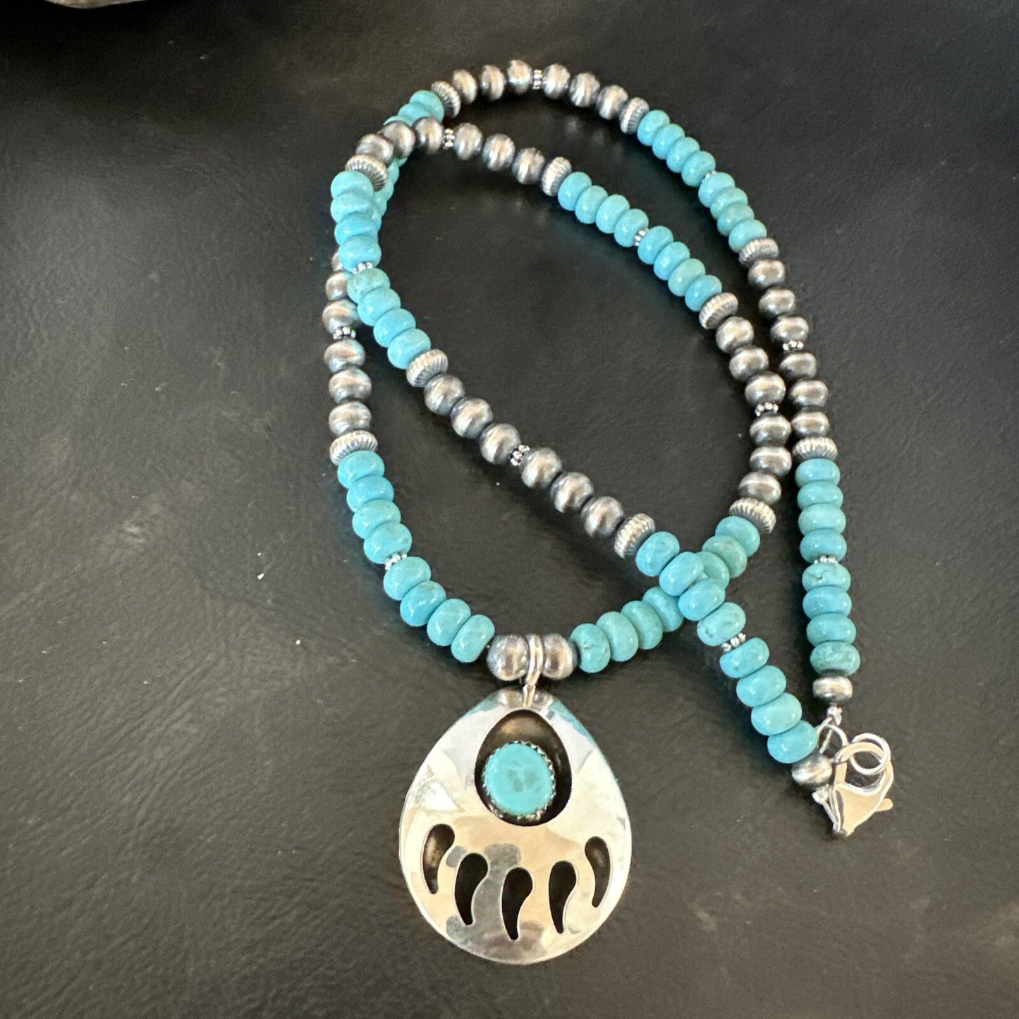 Mens Blue Turquoise BearPaw Pendant Navajo Pearls Sterling Silver Necklace 17880