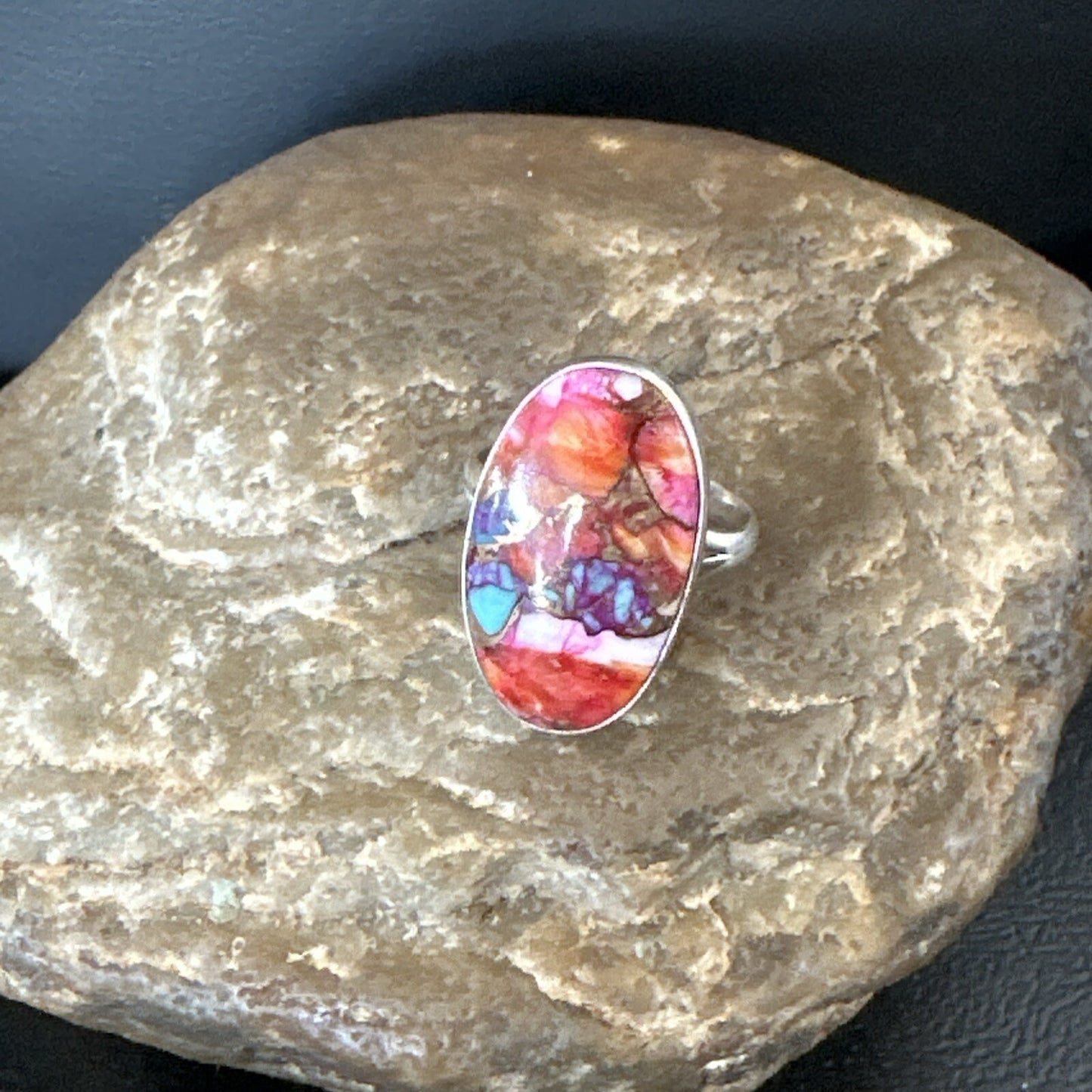 Blue Turquoise Spiny Oyster Navajo Sterling Silver Ring Size 8 18216