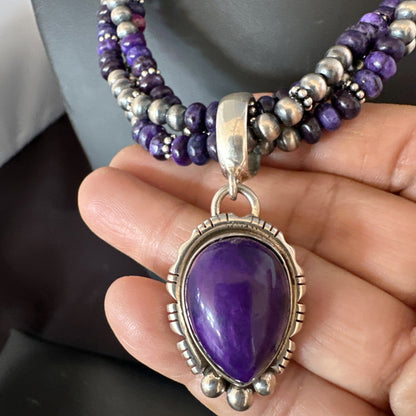 Navajo Sterling Silver 3 Strand Purple Stone Necklace Pendant 22” 19028