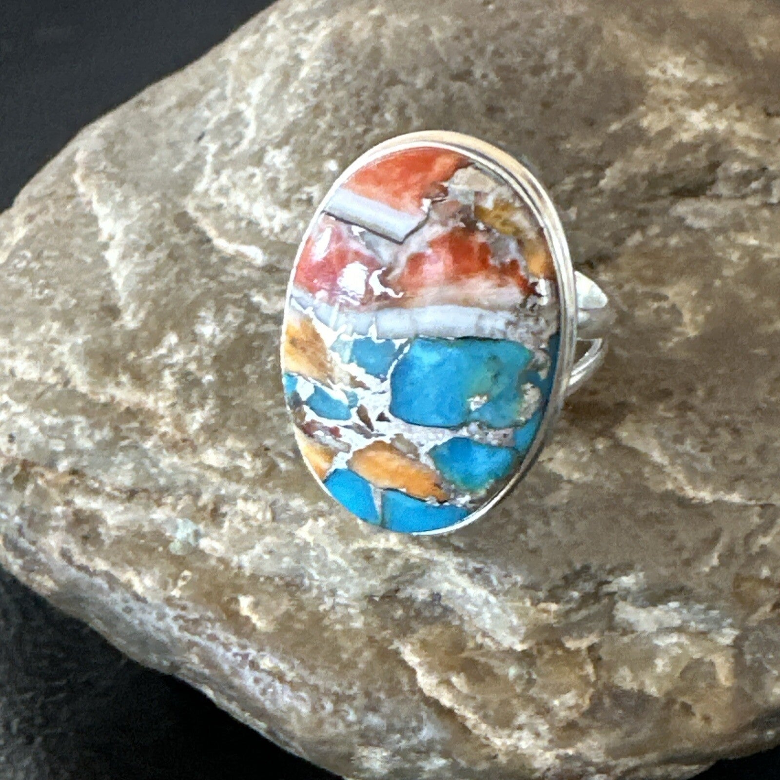 Blue Turquoise Spiny Oyster Southwestern Sterling Silver Ring Size 9 18461