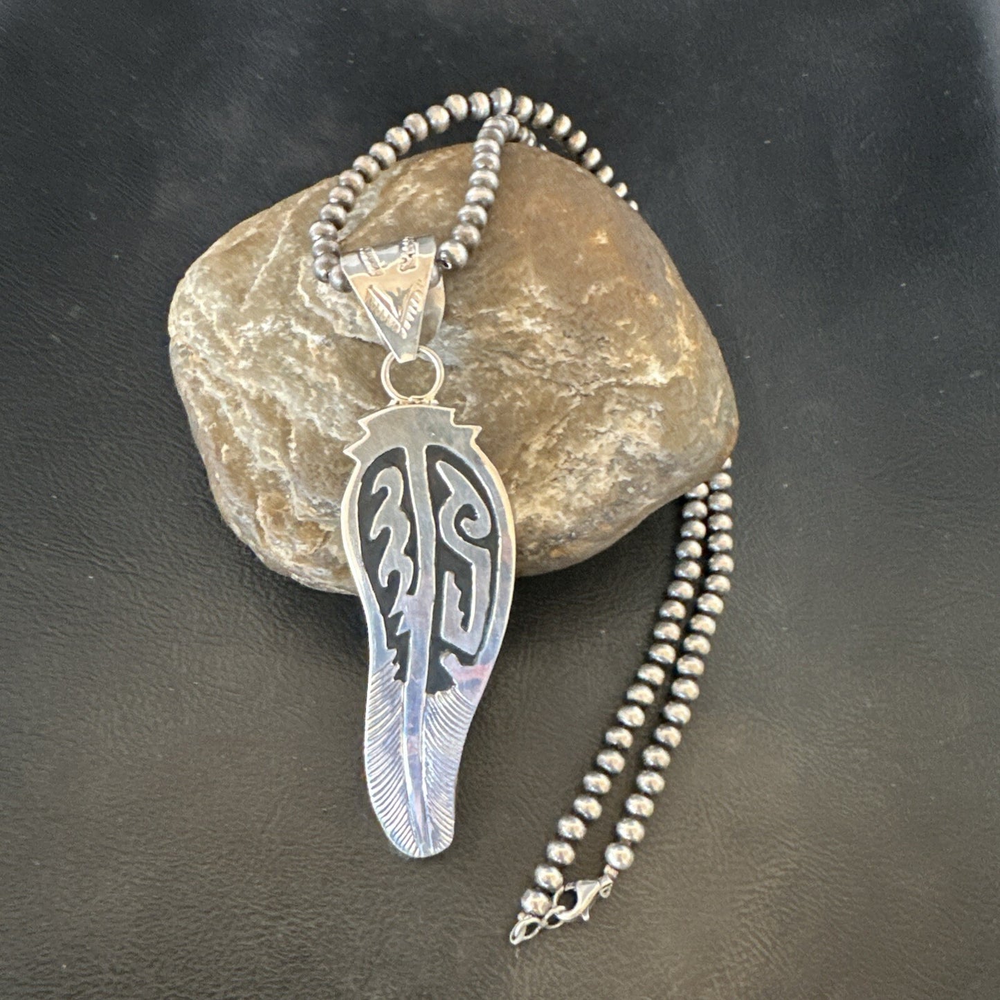 Mens Feather Navajo Sterling Silver Necklace Pendant 18578