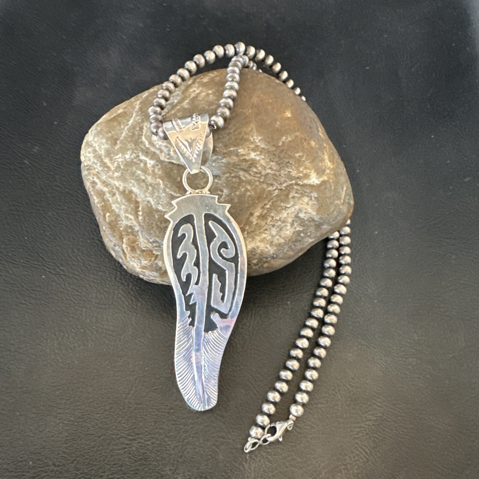 Mens Feather Navajo Sterling Silver Necklace Pendant 18578