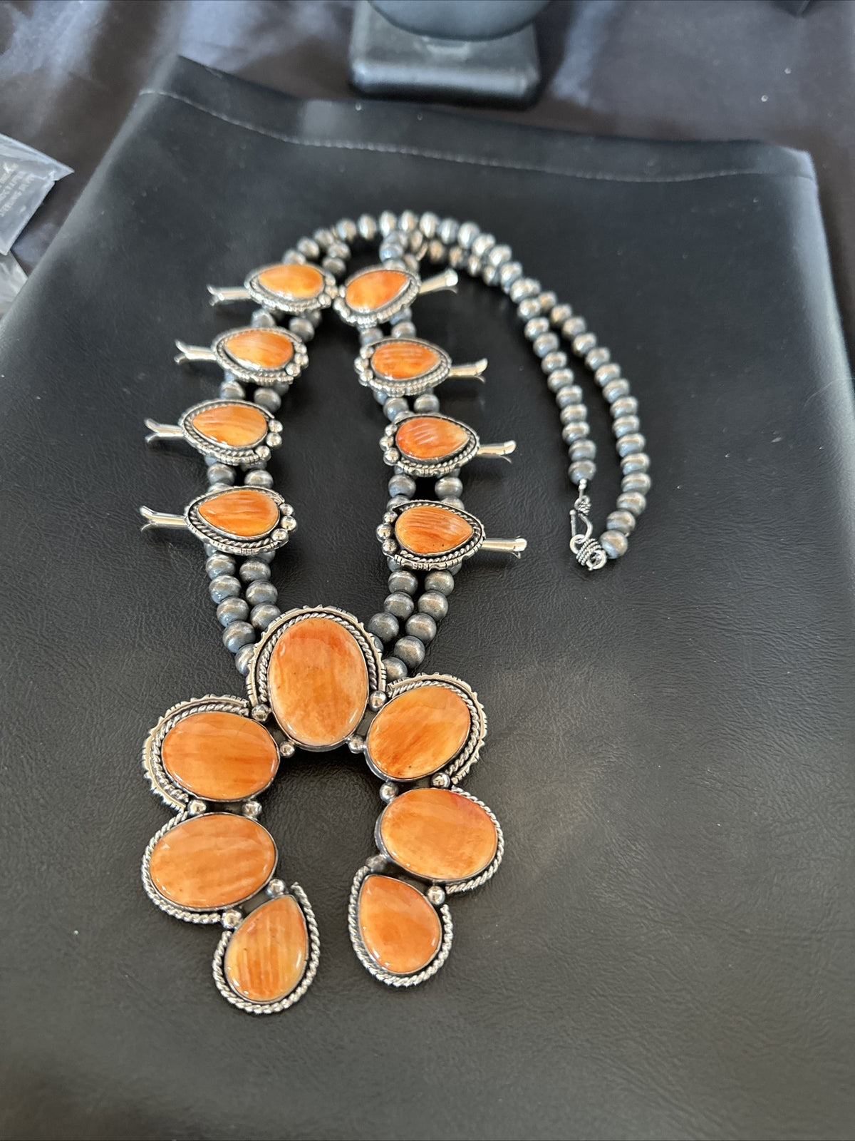 XL Orange Spiny Oyster Sterling Silver Squash Blossom Necklace 18134