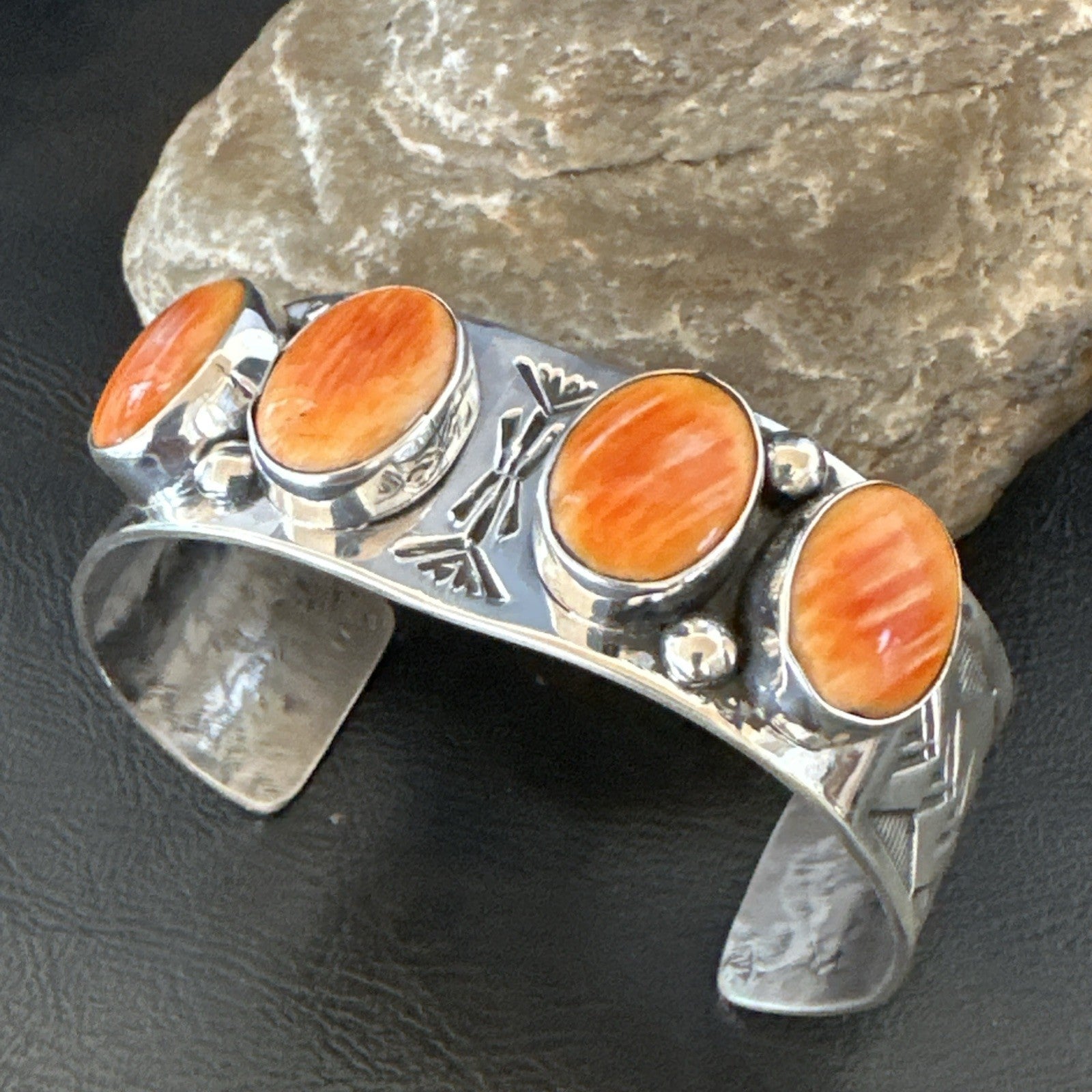 Orange Spiny Oyster 4 Stone Row Sterling Silver Navajo Cuff Bracelet 7.7" 19476